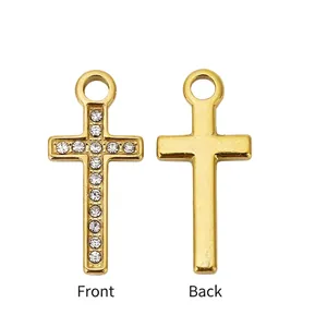 Detailed front and back view of a gold-plated stainless steel cross pendant with crystals
