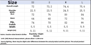 Detailed size chart for georgette bow bodysuit with measurements for XS to L sizes