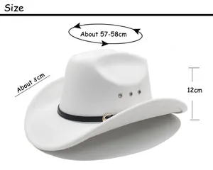 Size guide for white cowboy hat showing 57-58cm head circumference and 8cm wide brim