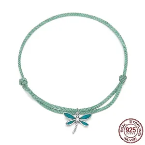 Dragonfly Pendant Woven Rope Bracelet 925 Sterling Silver Enamel Zircon Adjustable Summer Jewelry For Women