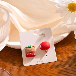 S925 silver Christmas earrings featuring cute asymmetrical cartoon bear and mushroom design