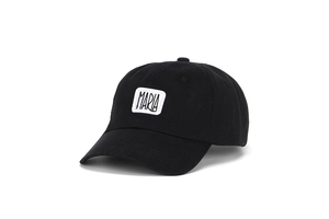 Close-up of black cotton sports cap with white MARIA embroidery on front panel