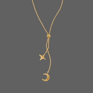 Elegant gold-plated Y-shaped tassel necklace with moon and star pendants for women