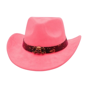 Detail of pink felt cowboy hat featuring a vintage strap and bronze skull ornament