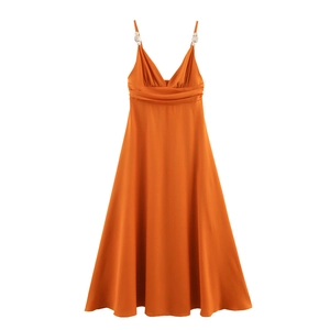 Robe Maxi À Bretelles Spaghetti Pour Femmes Polyester Perles Col En V Taille Haute Ligne A Swing Resort Plage Couleur Unie