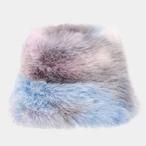 Detailed close-up of colorful faux fur texture on a thick winter tie-dye bucket hat