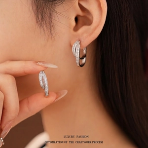 Silver needle double-layer cross hoop earrings with rectangular cubic zirconia stones