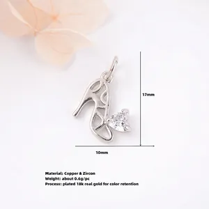 Copper 18k gold plated high heel pendant with heart zircon for DIY jewelry making