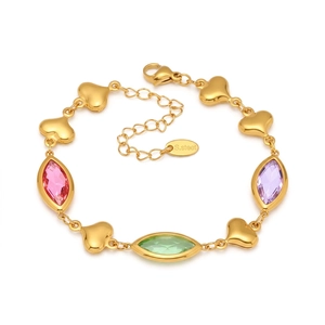 Détail du bracelet cœur plaqué or 18k avec feuilles en verre tchèque et dimensions