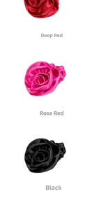 Three elegant satin rose scrunchies in dark red, rose red, and black on white background