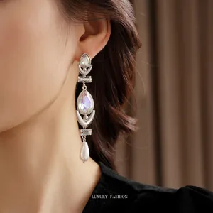 Elegant silver drop earrings with iridescent crystals and pearl tassels for women