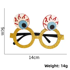 Glittery gold Halloween glasses with spooky blue eyeballs, size 14x9cm and 14g weight