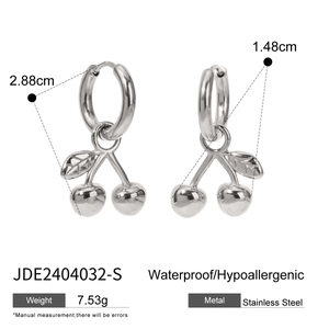 Detail view of silver cherry earrings with size dimensions and hypoallergenic material info