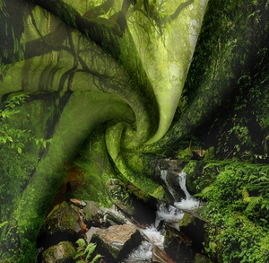 Detailed macro view showing the soft texture and fluid drape of the forest stream tapestry