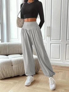 Women High Waisted Polyester Knit Pants Loose Drape Cuffed Joggers Casual Lounge Sweatpants Heather Gray