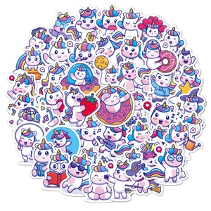 Detailed pile of colorful waterproof unicorn cartoon stickers for kids stationery decoration