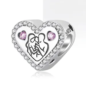 Heart Charm Bead 925 Sterling Silver Pink Clear Cubic Zirconia Family Portrait Meaningful Jewelry For Bracelets Necklaces