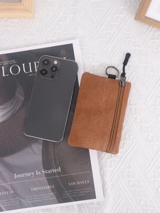 Brown canvas mini coin purse with metal ring zipper and lanyard for keys and cards