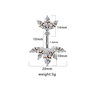 Vue détaillée du piercing de nombril en zircon cœur argenté avec dimensions et poids