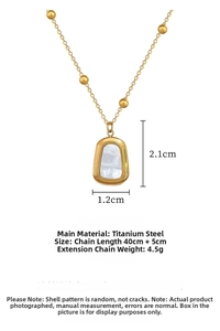 Macro detail of geometric square shell pendant necklace with gold titanium steel chain