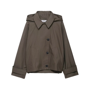 Women Hooded Trench Coat Jacket Polyester Waterproof Casual Short Outerwear With Pockets Single Breasted
