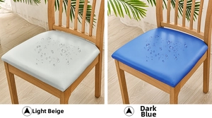 Waterproof PU leather chair seat covers in beige and blue showing water-resistant texture
