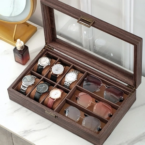 Detailed view of the 6-slot watch and 3-slot eyewear storage box with brown lining