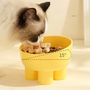 Bol surélevé jaune pour animaux avec inclinaison de 15 degrés pour protéger le cou du chat