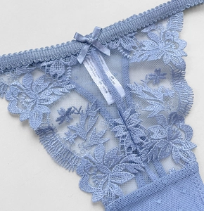 Close-up of blue French floral lace embroidery and satin bow on sheer thong underwear