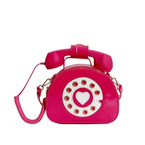 Detailed front view of creative retro telephone handbag in glossy rose pink patent leather