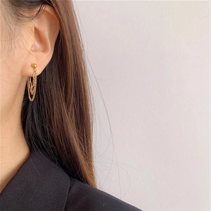 Elegant 18K gold-plated titanium steel tassel chain earrings worn on a female model