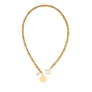 Double-layered golden stainless steel necklace with coin and star pendants on white background