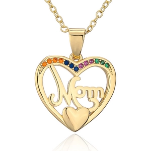 Gold heart pendant necklace with Mom lettering and rainbow gemstones on white background