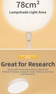 Detail of white LED eye-protection lamp featuring a 78cm² light panel and tablet stand
