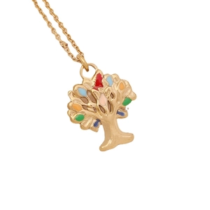 Golden Tree of Life necklace with colorful enamel leaves on a polished O-link chain