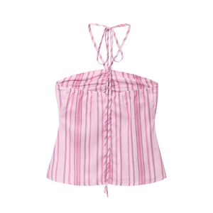 Gestreiftes Neckholder-Top in Rosa und Lila mit Webstruktur und Bindedetail