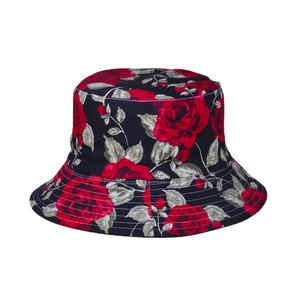 Vintage black bucket hat with elegant red rose floral print for stylish sun protection