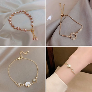 Adjustable Bracelet With Alloy Zircon Heart Star Moon Shell Faux Artificial Pearl Pendant Elegant Jewelry For Women
