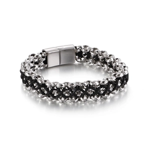 Bracelet tressé en cuir avec perles en acier inoxydable et fermoir magnétique pour homme