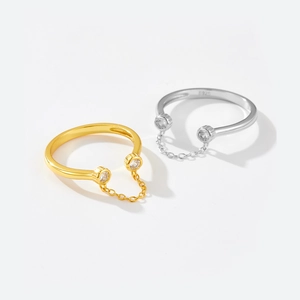 Minimalist S925 sterling silver open ring with adjustable chain and sparkling cubic zirconia