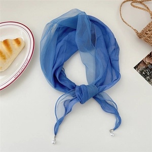 Blue chiffon neckerchief with pearl pendants and elegant lace diamond pattern