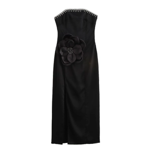 Abito Da Sera In Raso Senza Spalline Nero Fiore 3D Nappa Strass Aderente Spacco Formale Maxi Vestito Per Donne