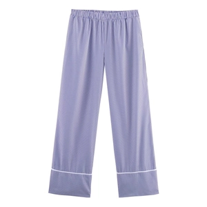 Pantalon rayé violet et blanc pour femme avec taille élastique et bordure blanche