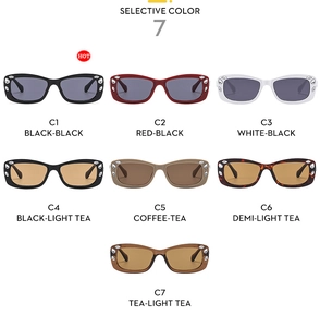 Selection of seven elegant square rhinestone sunglasses in various frame and lens colors