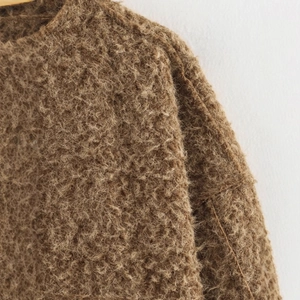 Brown fuzzy knit cardigan with round neck and plush texture for women casual wear