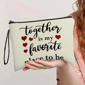 Trousse à maquillage en toile beige avec cœurs et texte Together is my favorite place