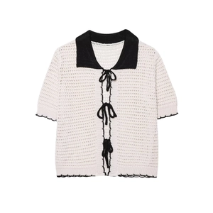 Women Crochet Hollow Knit Cardigan Top Polo Collar Contrast Trim Bow Tie Front Short Sleeve Retro Elegant