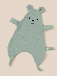 Sage green muslin cotton baby security blanket with embroidered bear head and knot detail