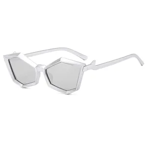 Modern polygonal silver metal sunglasses with geometric frames and futuristic style