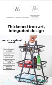 Three-tier black iron fruit storage rack with natural wooden handle for kitchen organization